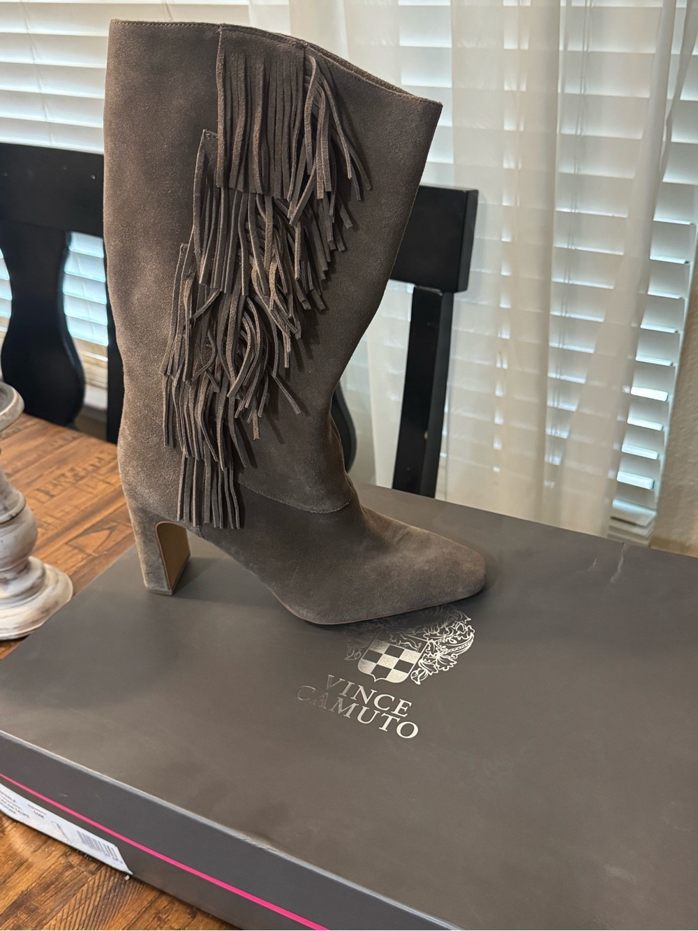 Vince Camuto Taupe Suede Fringe Knee-High Boots